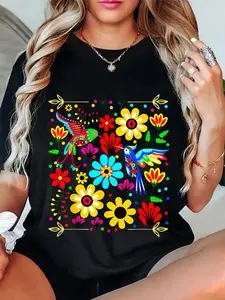100% Cotton Floral Bird Otomi Mexican Style Mexicano Mexicana T-Shirt