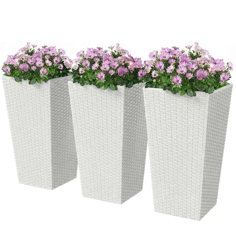 Set of 3 Outdoor Tall Rattan Decor Planters, 24-in Tapered White Garden Flower Pots with Drainage Holes for Home Improvement