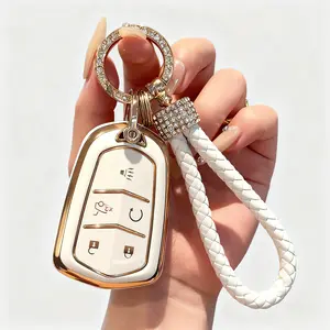 Key Fob Cover for Cadillac 2015-2019 Escalade CTS SRX XT5 ATS STS CT6 5-Buttons Premium Soft TPU Gold Edge Black White Full Protection