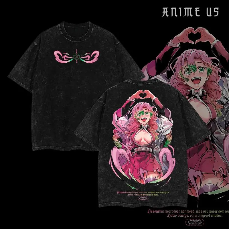 Hashira Demon Slayer T-Shirt x Mitsuri Kanroji - Anime Double Printed Vintage Washed Tee Unisex Oversize Anime Manga Washed Heavyweight Cotton T-shirt