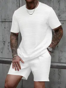 Men's Plus Size Casual Classic Waffle Fabric Shorts Set, Comfortable Everyday Vacation Wear, Simple Design, Perfect for Daily Use