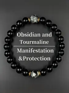 Obsidian & Black Tourmaline Bracelet - Manifestation & Protection Healing Crystal Beads Jewelry for Men & Women, Christmas Gift, Gifts for Mother's Day, Father's Day, Valentine's, Birthdays, Anniversary, Black Grounding Stone Beaded Bracelet