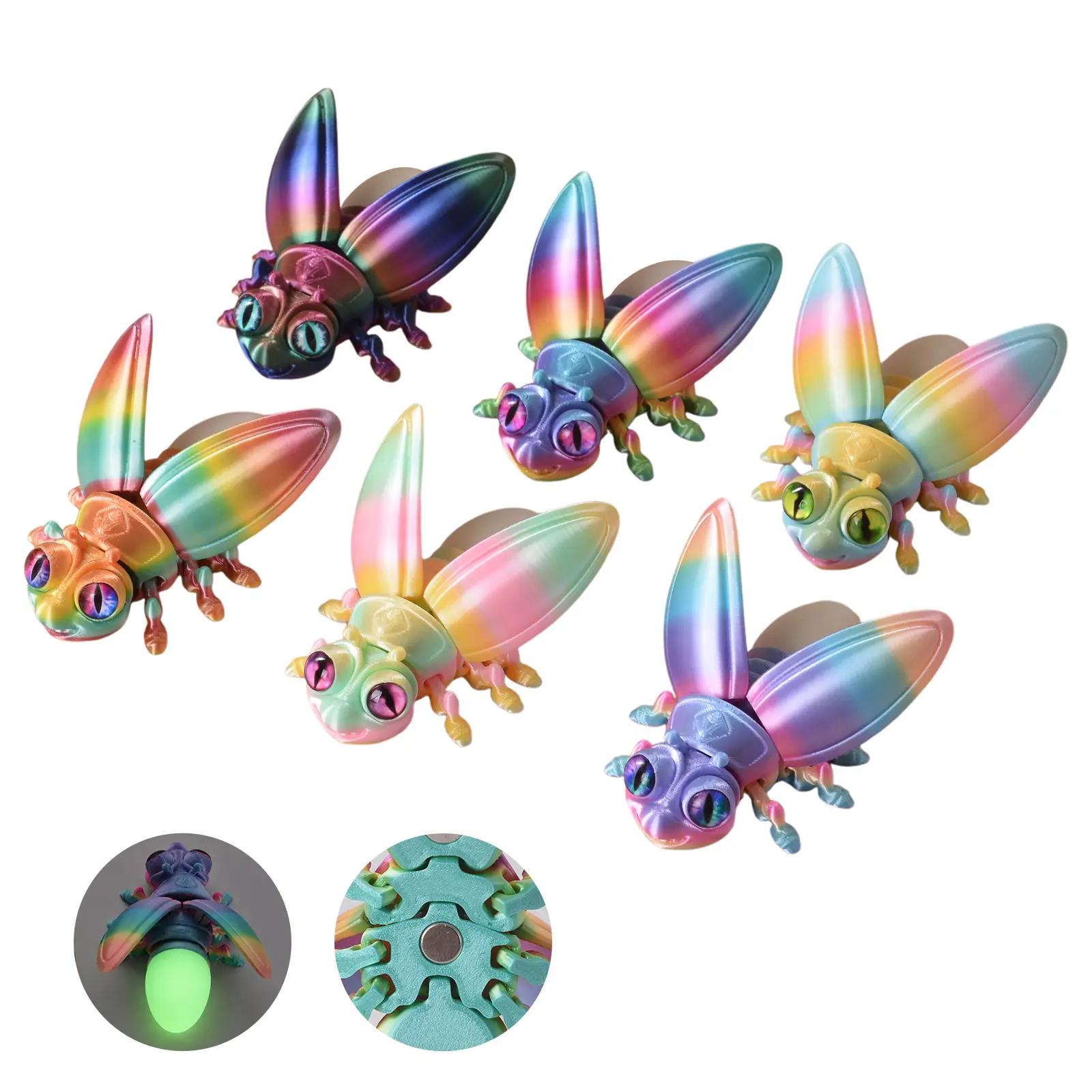 6pcs 3D Printed Firefly,Decorative glowing insect toy,Rainbow Colorful and Glow-in-the-Dark,Bottom with luminous material Tail,Cute Collectible gift for Bedside, Party, Birthday, Christmas, Halloween, Office,Refrigerator decoration,Multicolor