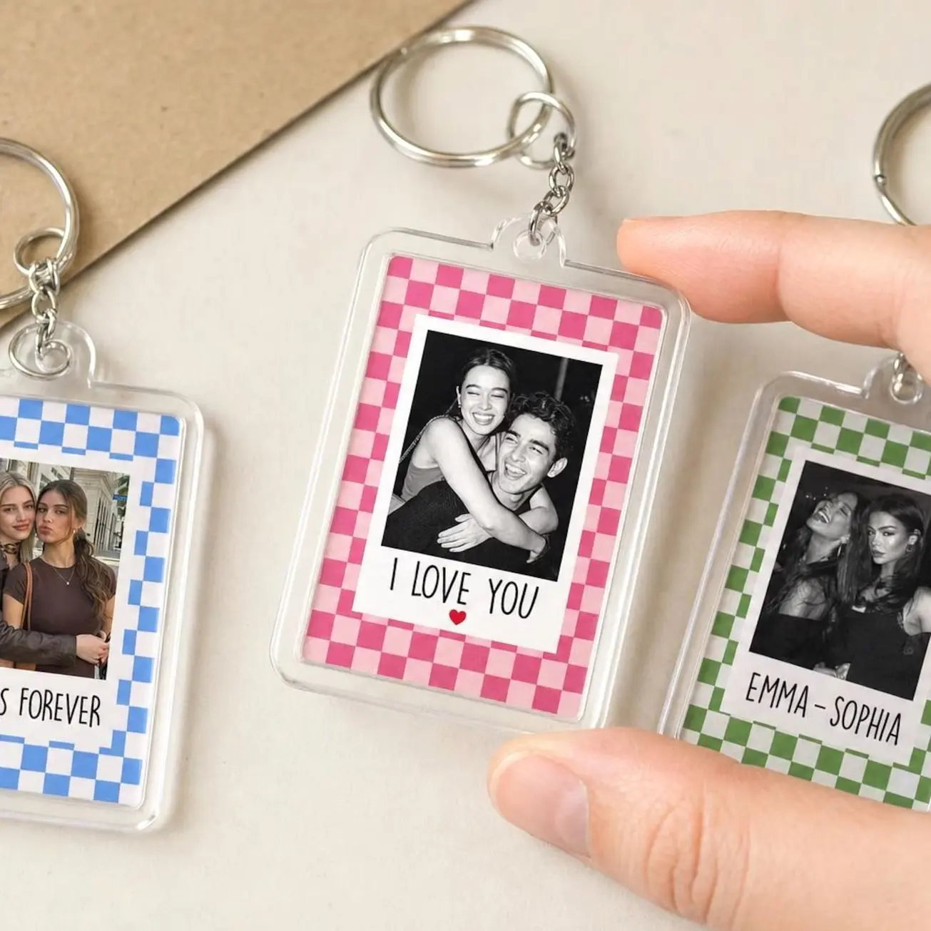 Personalized Checkered Photo Couples Keychain, Custom Besties Photo Keychain, Gift For Boyfriend, Gift For Girlfriend, Anniversary Gift