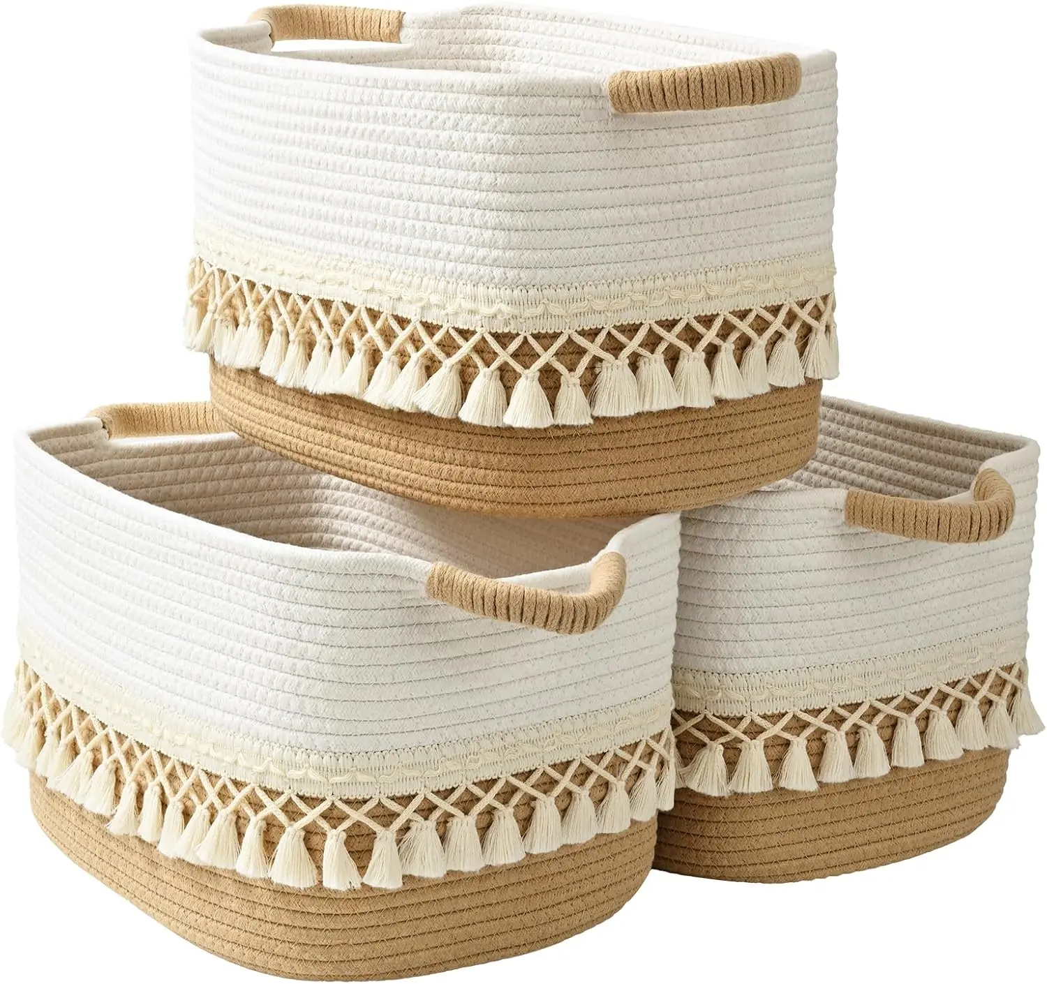 2 Pack Storage Basket for Shelves, Boho Cotton Rope Storage Bins with Heavy Tassel, Shelf Baskets Large Woven Baskets for Organizing, Cube Organizer Bins, Baby Laundry Basket for Clothes, Toys, Pets