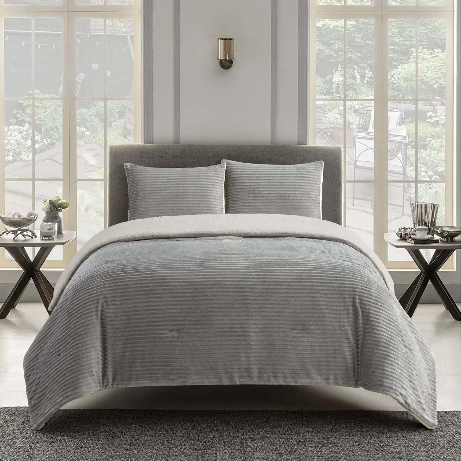 Milonega 3 Piece Sherpa Comforter Set, Grey