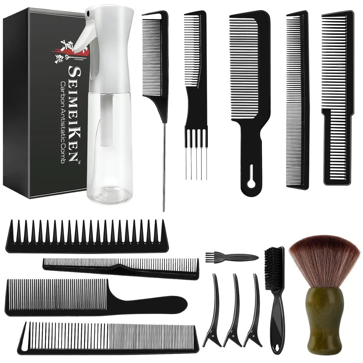 16-Piece Professional Barber Kit - Anti-Static Combs & Brush, Haircare Beauty Products for Precision Styling, Braiding, Root Volume, Effortless Parting, Heat-Protection, Continuous Spray - Gift for DIY Grooming Enthusiasts, Salon Haircut Accessories