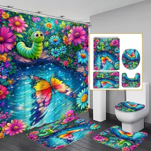 1/3/4PCS Fantasy Pond Shower Curtain set, Vivid Nature and Wildlife Bathroom Decor, Accessories with Bath Mat, U-shaped Mat, Toilet Lid Cover, 12 Hooks 180x180cm Curtain, Pond Life, Home Decor, bathroom accessories.