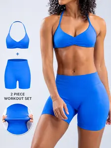 Women's Halter Workout Set, Seamless Ruched Sports Bra & High Waist Biker Shorts, 2 Piece Bright Blue Yoga Outfit for Gym Running Casual