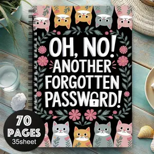 1Pc Humorous Cat Password Notebook - 70 pages, "Oh no! Forgot your password again!" cover, floral and cat illustrations, for organizing internet details and keeping safe, codebook, secure password storage, Durable Cover Portable Notebook