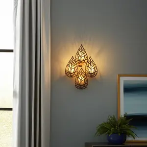 360 stand 18 in. Champagne Distressed Botanical Leaf Metal Wall Sconce Candle Holder - Light, Modern, Pillar Candle Compatible, Interior Decor Accessory, Ideal for Room Decoration, Holiday Gift, Decorative, Interior Decoration Accessories