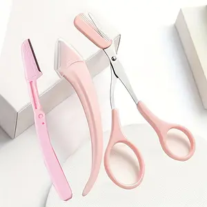 Eyebrow shaping 3-piece set: Pink eyebrow razor with comb and scissors, stainless steel portable eyebrow shaping tool for beginners.