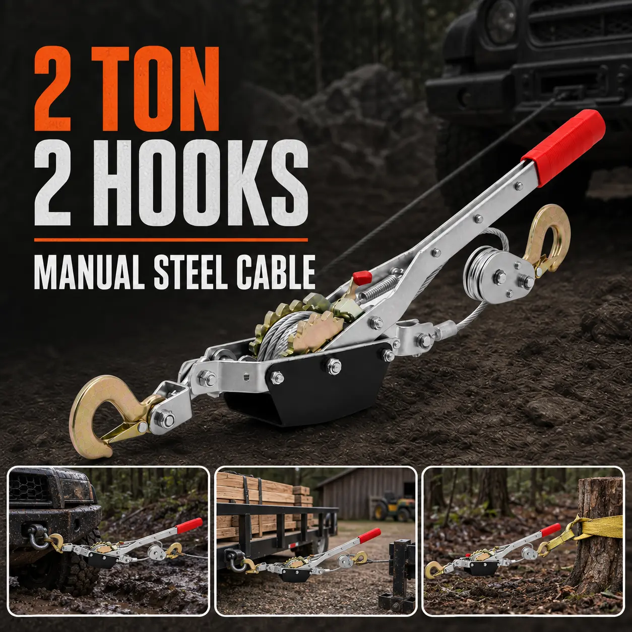 2-Ton Dual-Hook Power Puller (4000 lbs) - Heavy-Duty Manual Hand Winch with Dual Gear Ratchet, Steel Cable, Safety Hooks for Vehicle Recovery, Log Pulling - Automotive Mechanic Garage Tool