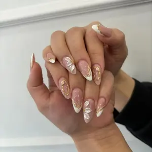 Handmade Gel Press-On Nails - White Floral, Gold Outline, Elegant French Tip, 3D Flower, Almond Shape Bridal Nail Set