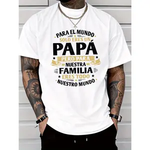 Men's short-sleeved t-shirt, casual and modern style, with "Dad is our world" letter print in fiber, regular fit, round neck, comfortable and stretchy fashionable t-shirt for summer, casual clothing for everyday style
