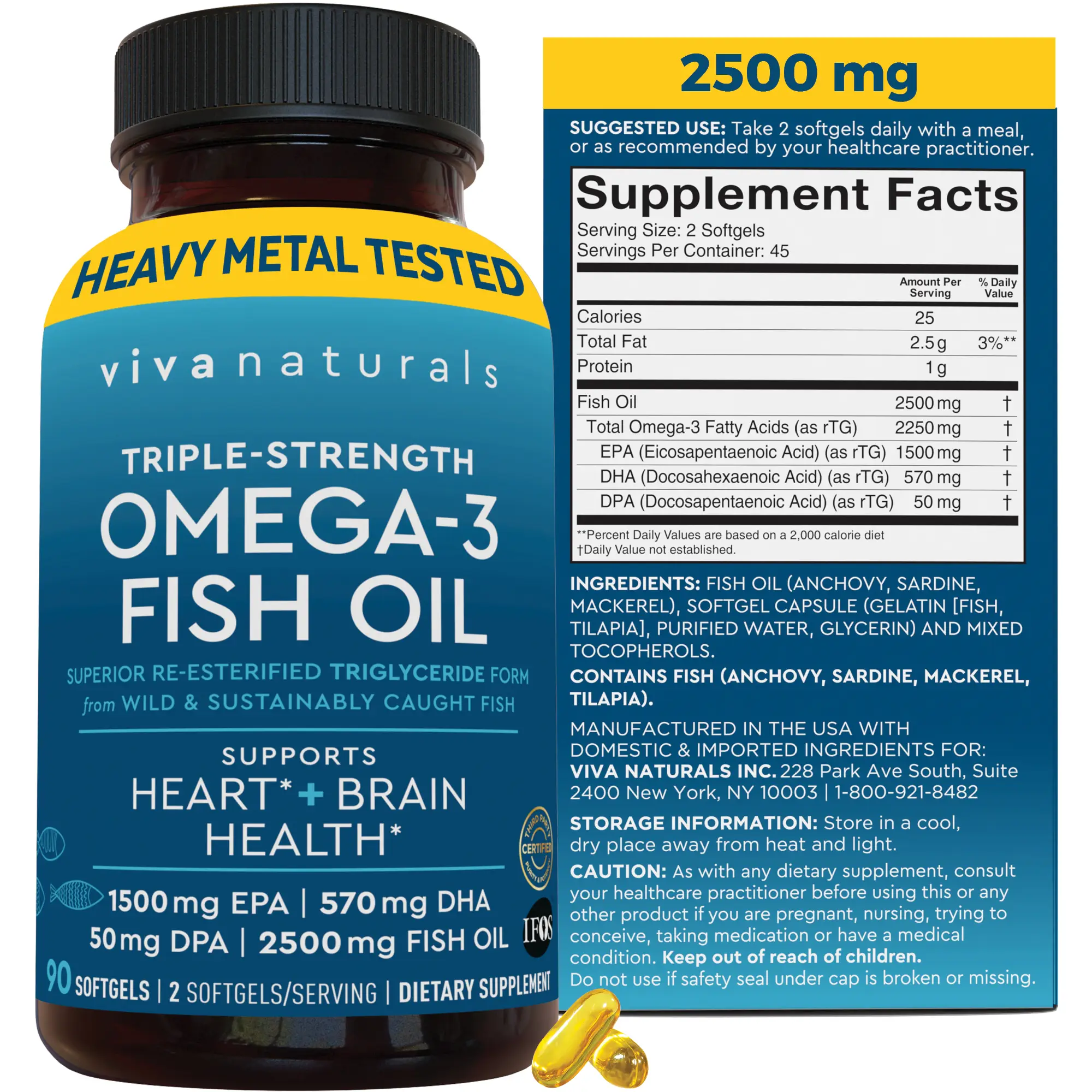 Viva Naturals Omega 3 Fish Oil Supplement for Women and Men - 2500 mg Triple Strength Fish Oil Pills with Re-Esterified Omega 3 Fatty Acids Including