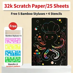 1 Set 25 Sheets 32K Scratch Paper For Kids Creative Play With 5 Bamboo Styluses 4 Stencils Rainbow Scratch Art Notebook DIY Drawing Paper Student Art Craft Toy Parent Child Gift