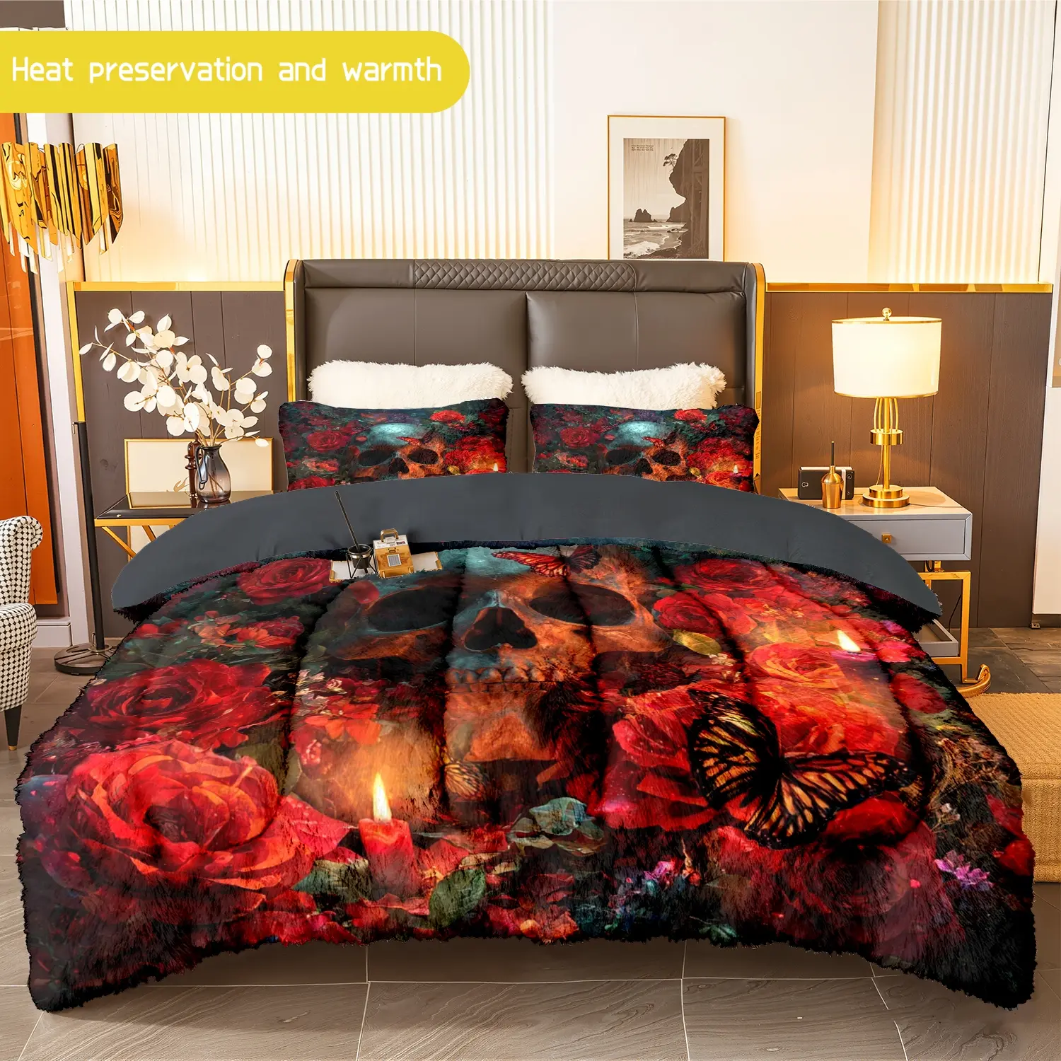 3pcs (1 comforter + 2 pillowcases) Skull & Rose Patterned Flannel and Milk Velvet Comforter Set, Soft Warm Milk Velvet Bedding Set for Adults, Cozy Flannel Quilt Set, Fashionable Bedding Essentials