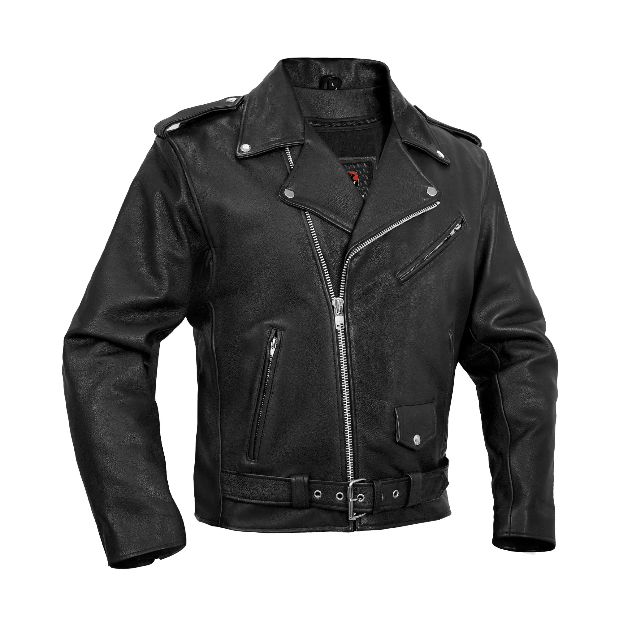 DANIEL SMART Men's Classic Biker Jacket in Soft Milled Cowhide Leather - Dark Aesthetic Casual Coats & Tops with Zipped Front, Belt & Concealed Holster