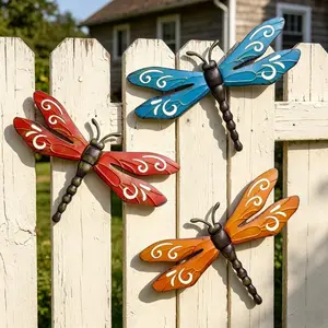 3-Piece Set 2D Colorful Metal Dragonfly Wall Decor, 14-Inch Outdoor Garden Fence Art, Decorative Garden Fences, Waterproof Rust-Resistant, Home & Party Decoration