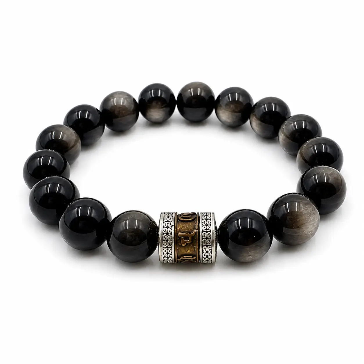 Black Obsidian Crystal Gemstone Bracelet - Handcrafted Buddhism-Inspired Energy Healing Mantra Bead Jewelry, Silver Sheen Obsidian, Grounding, Protection, Negativity Removal, Stress Absorption