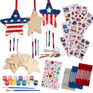 Patriotic DIY Wind Chime Kit for Kids - 9 Pack - Wooden Wind Chime Set with Paint Kit, Rhinestone Flower Stickers, 105 Stickers, and More - July 4th Arts and Crafts