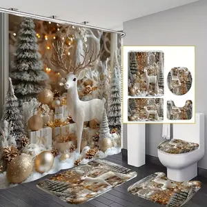4pcs Christmas golden reindeer, exquisite shower curtain set, non-slip floor mat, U-shaped carpet, toilet cover, perfect for bathroom decoration, partition, beautify the space, 12 shower curtain hooks are given