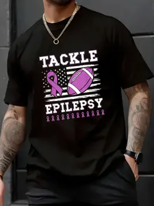 100% Cotton Unisex Tackle Epilepsy US Flag Purple Ribbon Football T-Shirt – Trendy Summer Tee, Casual Streetwear, Gift for Him & Her