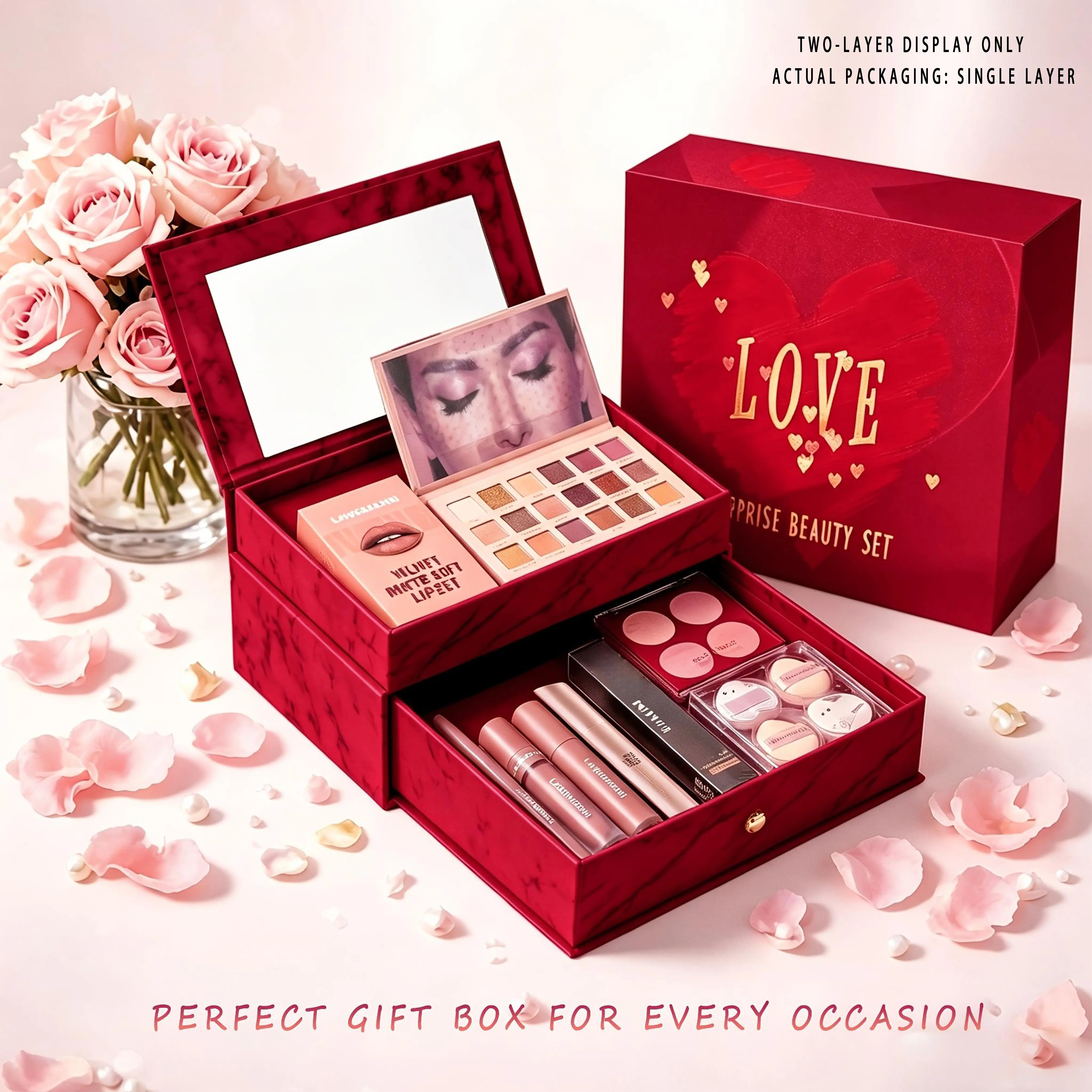 Beginners' All-in-1 Makeup Set - 24-color Eye Shadow Palette, Volumizing Mascara, Powder Blusher & Contour Compact, Blending Sponges (5), Lip Set (3), Long-Lasting Silky Smudge-Proof Matte Finish for Personal Use or Gifting