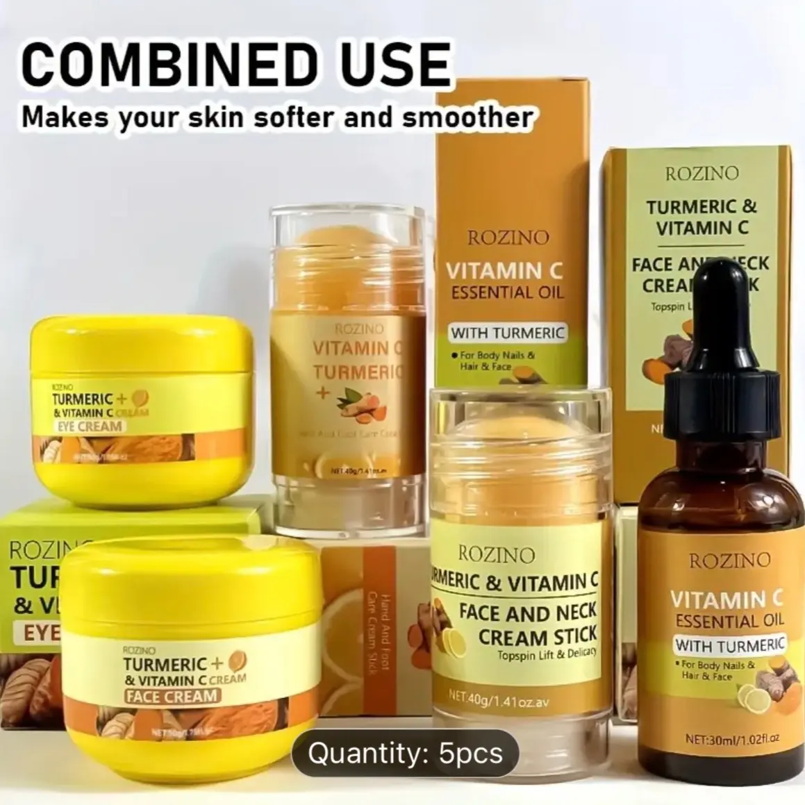 ROZINO Turmeric & Vitamin C 5-Piece Skincare Set: Eye Cream, Face & Neck Cream Stick, Hand & Foot Cream Stick, Essential Oil, and Face & Neck Cream Stick - Moisturizing, Nourishing, and Protecting Your Skin