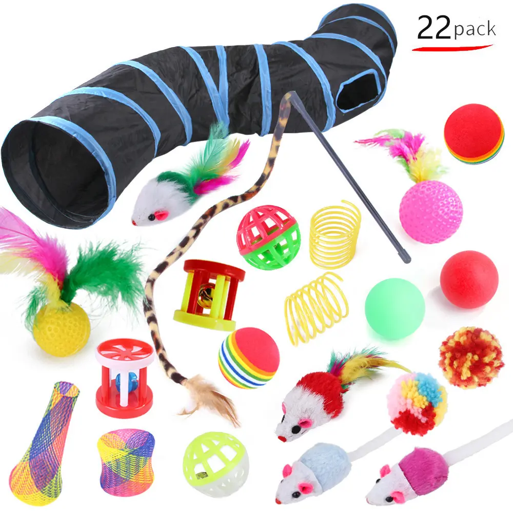 Interactive Cat Toys Set, Foldable Rainbow Tunnel, Interactive Kitten Wand & Teaser Wand, Fluffy Mouse & Crinkle Ball Design, Perfect for Kitties & Puppies
