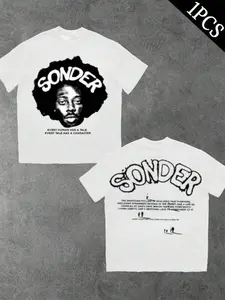 Men's Loose-Fit Street Style Graphic Print Knit T-Shirt, All-Season Casual Wear, Unisex Design, Trendy College Hip-Hop Fashion Streetwear, Menswear