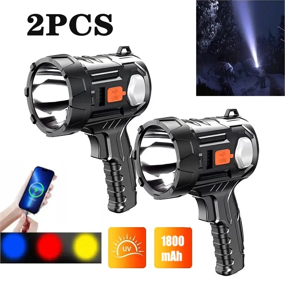 2PCS USB Rechargeable Spotlight Flashlight with Solar Panels, 1 Count Outdoor Handheld Spot Light with 3 Colors Lenses, Camping Lighting for Boating Hunting and Camping