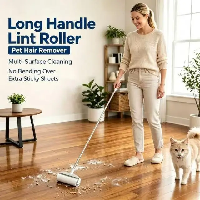 Adjustable Long Stick Lint Roller Extra Adhesive Tearable Sheets Pet Hair Cleaner, Lint Remover No Bend Easy Reach Under Furniture, Removes Dog Cat Hair Dust Debris on Floors Rugs Sofas Multi-Purpose Home Cleaning Sticky Roller