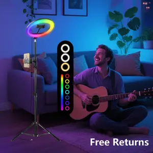 12in LED Selfie Circle Light, Ring Light with Stand, Max 43inch/110cm Tripod Stand, 2 Holders for Phone,  5000K Color Temperature for Live Streaming, Barber, Makeup, YouTube, Tiktok#christmas vlog Adjustable RGB Set#Summer Wins#Fathersdaygift