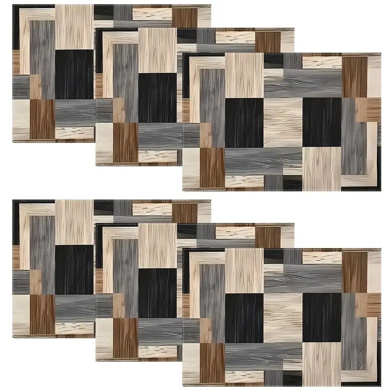 Modern Minimalist Linen Rectangular Placemats - 1/2/4/6 Packs, Faux Wood Grain Color Block Patchwork Tableware (Light Brown/Dark Gray/Pure Black), Hand Washable Kitchen Dining & Wedding Party Decor
