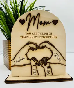 Personalized Mom And Kid Hands Heart Wood Plaque, Custom Kid names Hand, Mother's Day Gift, Grandma Plaque, Holding Kid Hands Gift