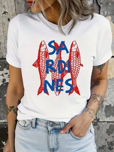 SARDINES Sardine Linocut Style White Oversized T-Shirt | Casual Coastal Seafood Streetwear Top | Premium Cotton Fabric | Bold Red-Blue Graphic Aesthetic | Relaxed Oversized Fit | Iconic Sardine & Slogan Print | Versatile Daily Wear | Perfect for Seafood/