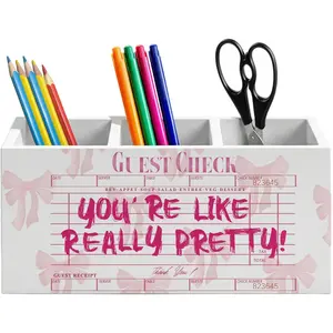 Trendy   Bow Pen Holder for  Office Desk,  Girly Office Decor, You're Like Really Pretty Guest Check Wooden Box Sign Pencil Holder for Desk Shelf Organizer