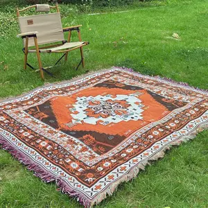 Geometric Pattern Boho Style Rug, Portable Thickened Tassel Trim Throw, Multipurpose Blanket for Bed, Sofa, Beach, Perfect for Outdoor, Home Decoration, Picnic Blanket, Lightweight Picnic Mat