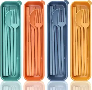 4 Sets Travel Utensils with Case, Cutlery Set Chopsticks Fork Spoon Knife with Case, Reusable Plastic Utensils Sets for Lunch Box Accessories,Portable Lunch Box Utensils Set for Daily Use