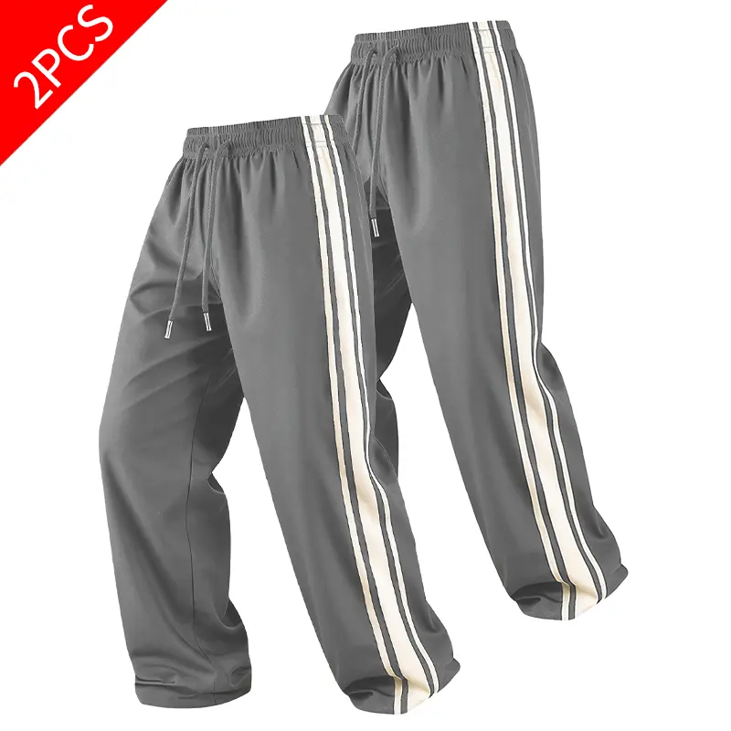 Men's Striped Sport Joggers - New Essential Pack of 2 Pants, Drawstring, Baggy Casual Comfy Athleisure Bottoms for Sports, Side Stripe, Sporty Joggers