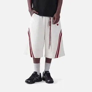 Aelfric Eden Menswear Striped High-Waist Longline Shorts, Embroidered Contrast Stripe Detail, Baggy Fit, Drawstring Closure, Cotton-Polyester Stretch Knit Fabric, Pockets, Casual Streetwear Unisex Bottoms,summerwins,father'sdaygifts
