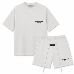 (Tee and Shorts) Fear of God Essentials T-shirt & Shorts Set Stretch Light Oatmeal OVER SIZE Casual Wear Comfortable Fit Simple Design Versatile Everyday Wear Menswear Tops Crewneck ShortSleeve Light