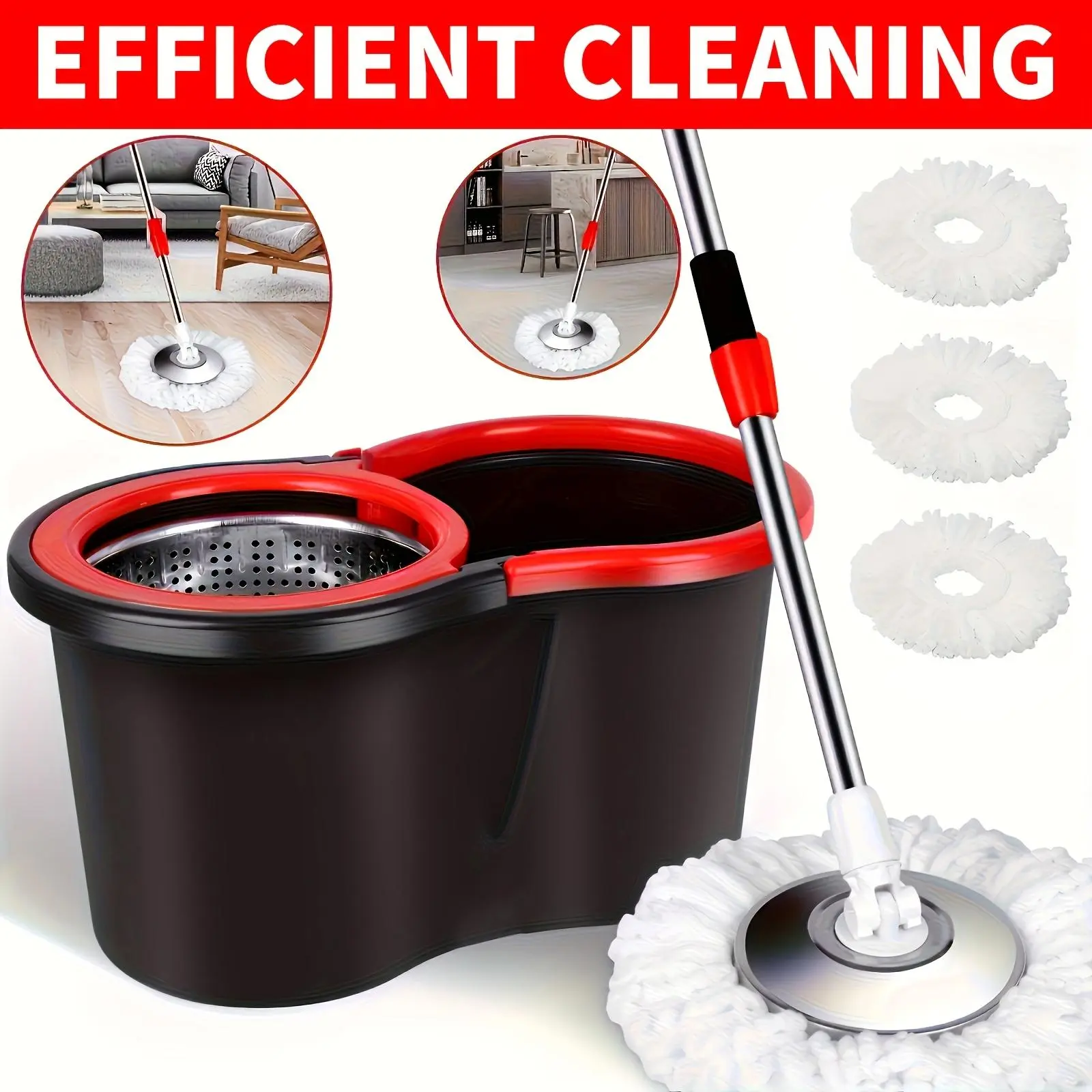 Efficient Cleaning 360° Rotating Mop and Bucket Set for Home Use with 3 Mop Heads for Floor Cleaning
