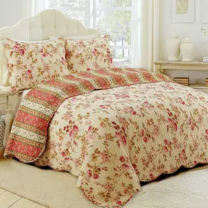 Vintage Rose Floral Cotton Quilted Scalloped 3-Piece Reversible Quilt Bedding Set