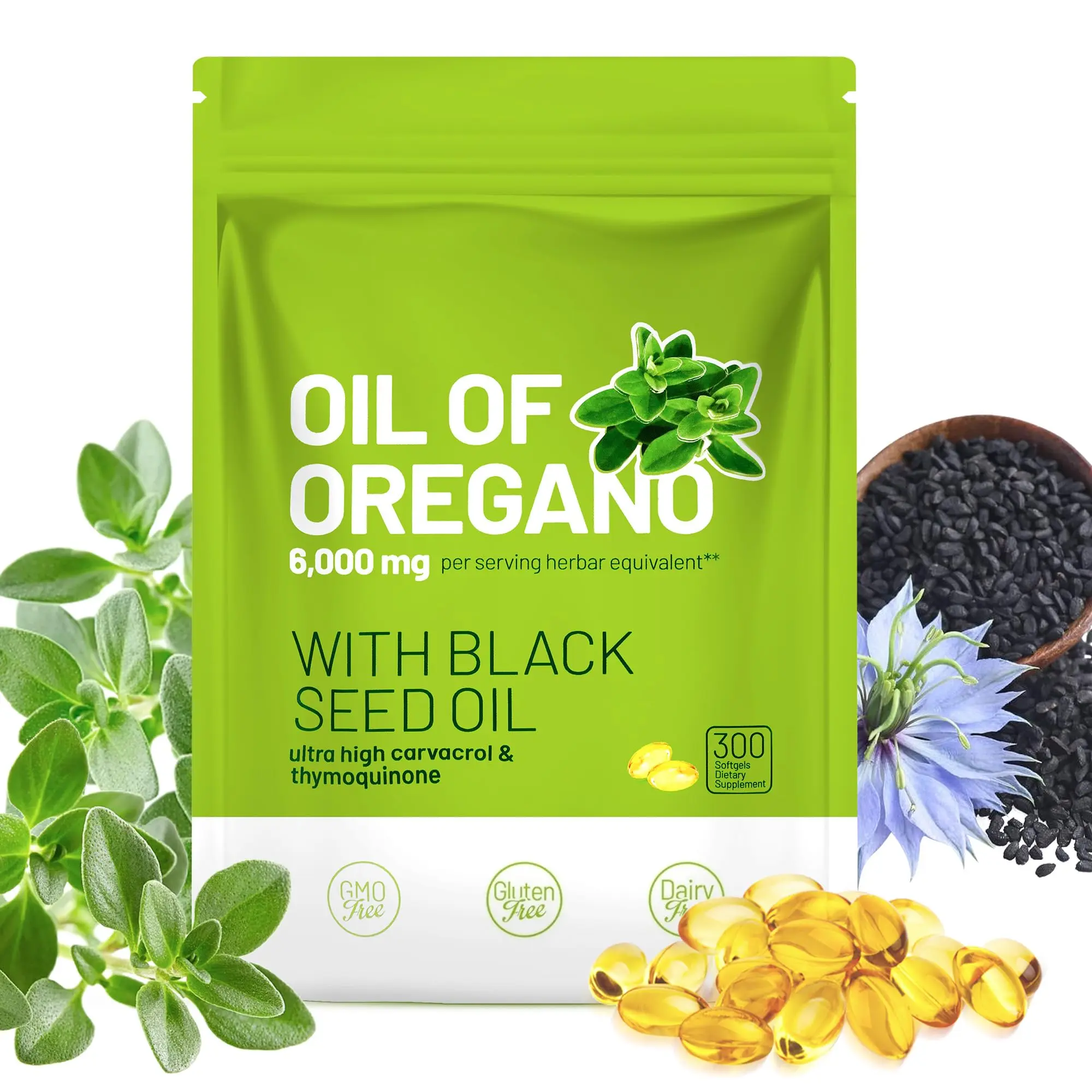 Oil of Oregano with Black Seed Oil 6000mg, 2-in-1 Herbal Softgels with Carvacrol & Thymoquinone, Immune, Digestive & Respiratory Support, 300 Count