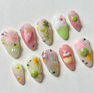 Pink Strawberry 3D Nails, Kawaii Smiski Press On Nail, Fun and Playful Acrylic Nails, Smiski and Dessert Nail Art, Adorable Fake Nails, Cute Nails, Cartoon Nails, Gifts for Her