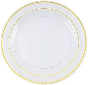 10 pcs 9-Inch Clear with Gold Trim Plastic Round Plates - Disposable Wedding Party Reception Event Catering Tableware