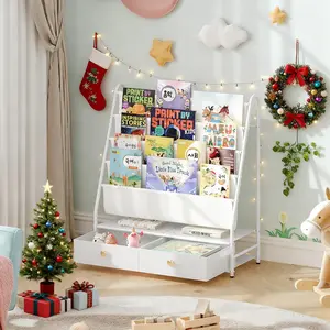 MAHANCRIS Kids Bookshelf, 4-Tier Toddler Bookshelf with 2 Fabric Drawers, Metal Kids Bookshelf and Toy Storage, Small Nursery Book Shelf for Kids Room, Living Room, Study Room, White